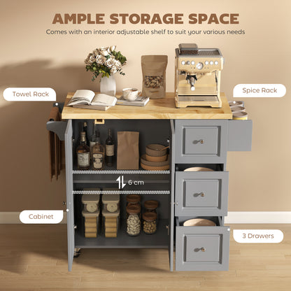 Kitchen Island on Wheels, Rolling Kitchen Storage Trolley with Drop Leaf, Drawers, Towel and Spice Rack, Grey