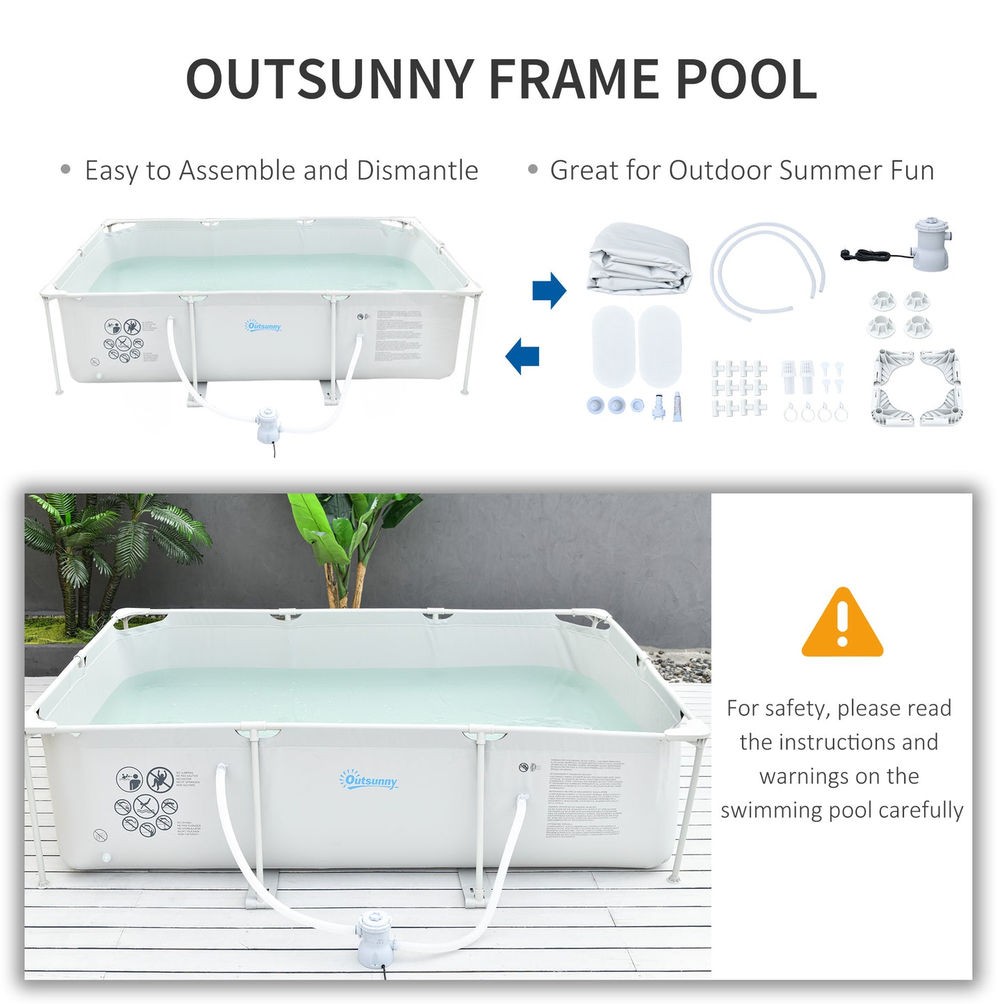 Steel Frame Pool with Filter Pump, Filter Cartridge, Rust Resistant Above Ground Swimming Pool, Grey