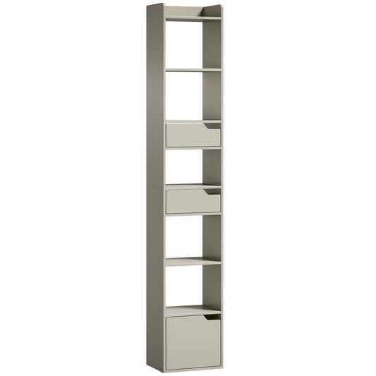 Bookcase Tall Narrow with 5 Tiers and Drawers Freestanding Bookshelf Storage Cabinet for Living Room Grey