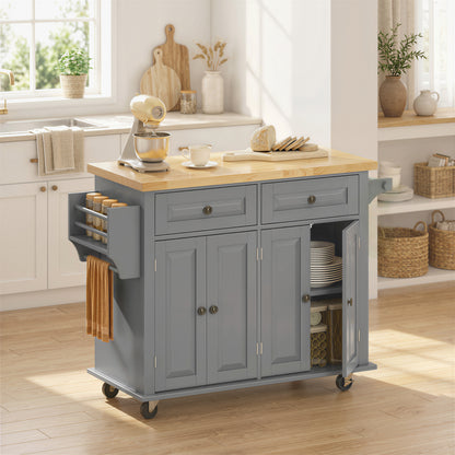 Rolling Kitchen Island Storage Trolley with Rubber Wood Top & Drawers for Dining Room, Grey