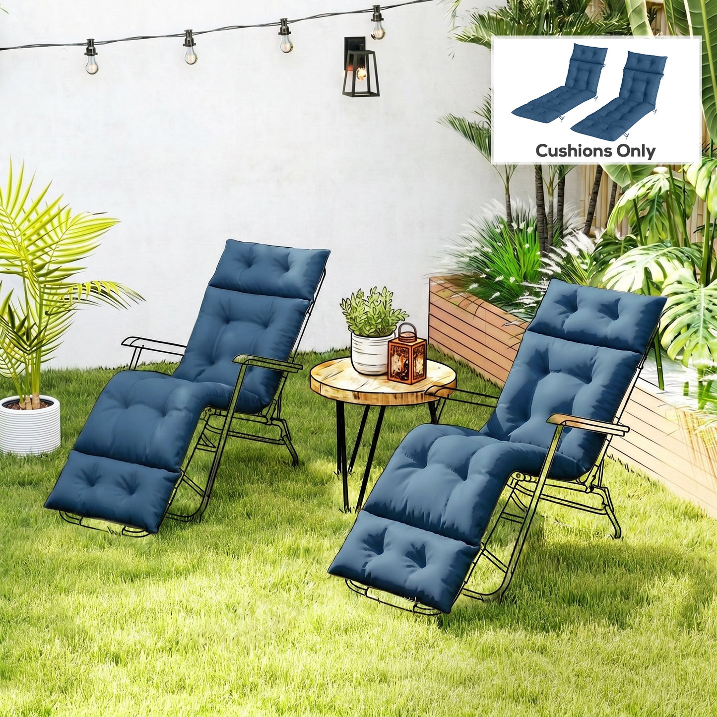 Set of Two 190 x 56cm Sun Lounger Cushions - Navy Blue