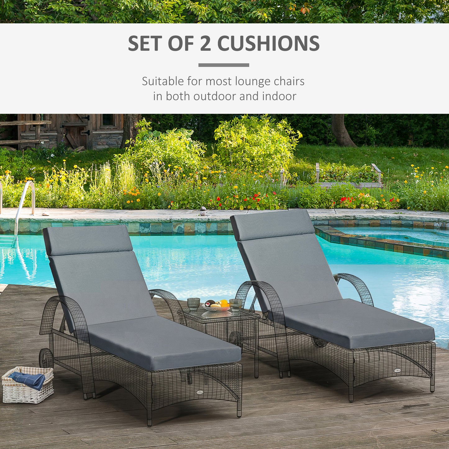 Set of 2 Sun Lounger Cushions, Replacement Cushions for Rattan Furniture with Ties, 196 x 55 cm, Cushion ONLY, Dark Grey