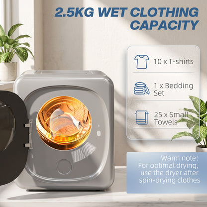 2.5kg Vented Tumble Dryer with Smart Mode, 800W Compact Tumble Dryer with Stainless Steel Tub, Silver Tone