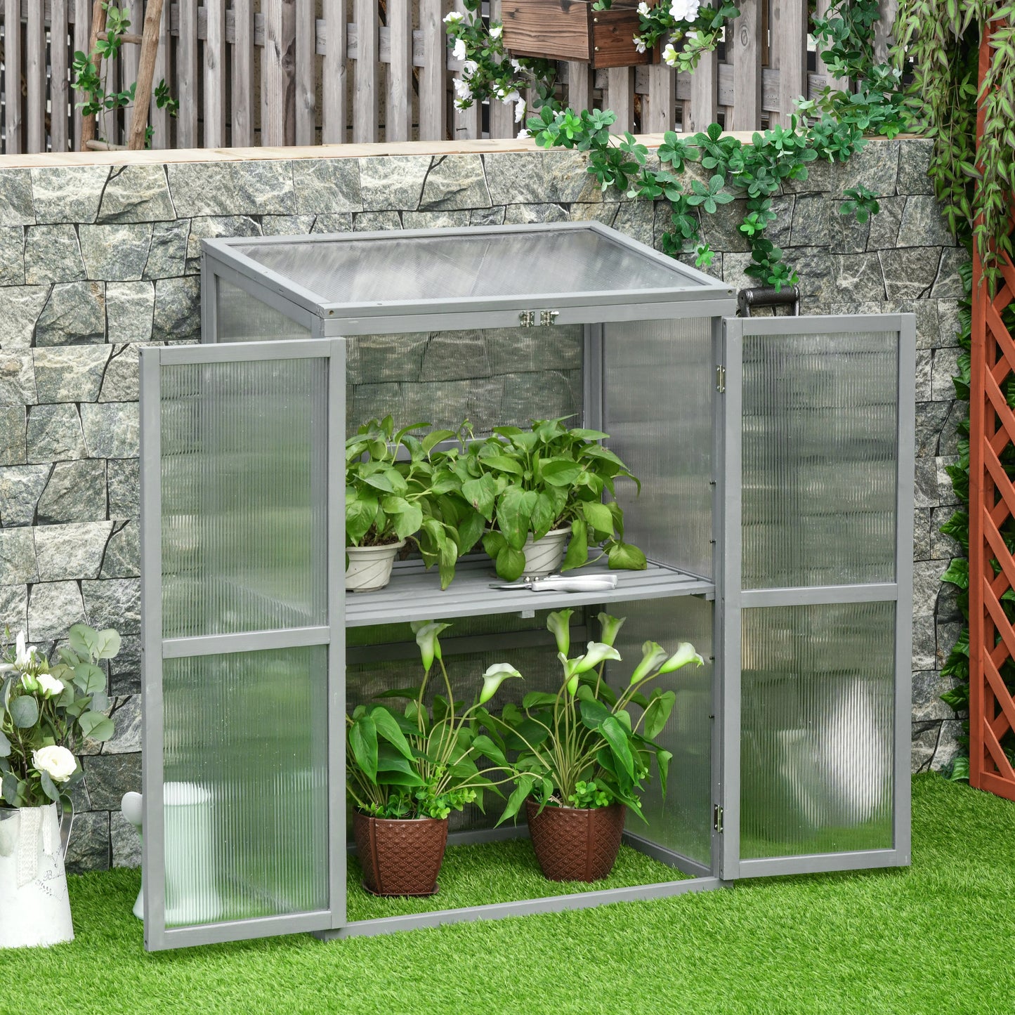 Wooden Cold Frame Greenhouse Polycarbonate Garden Grow House for Flower Vegetable Plants with Adjustable Shelf, Double Doors