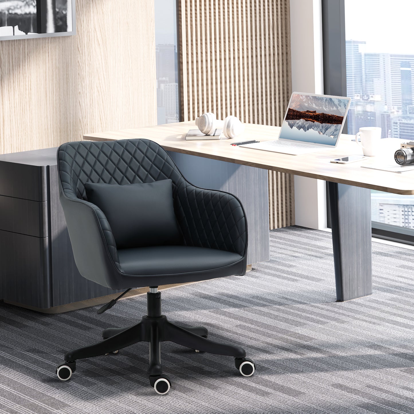 PU Leather Office Chair, Desk Chair, Makeup Vanity Chair with Massage Lumbar Pillow and Rolling Wheels for Bedroom and Home