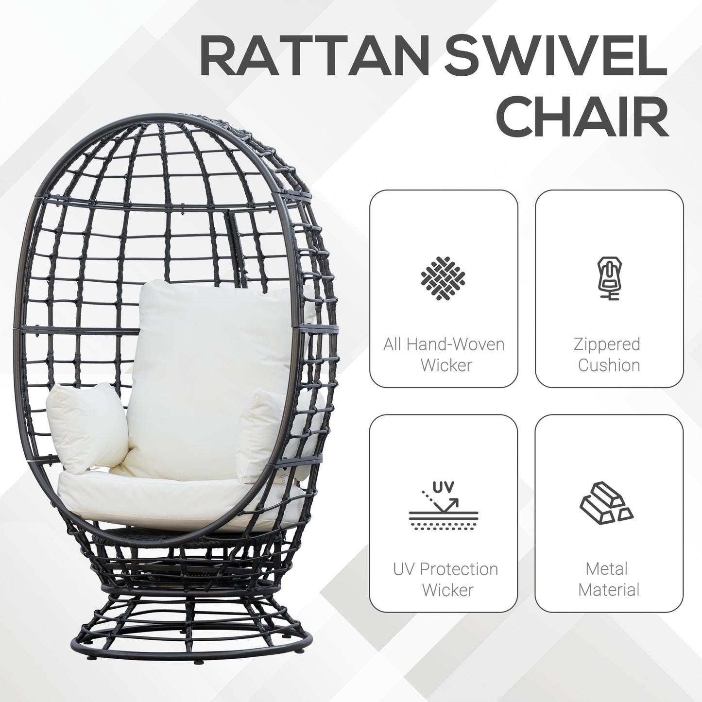 360° Swivel Egg Chair, Garden Rattan Swivel Chair with Thickened Cushion and Pillow, 150 KG Capacity for Indoor Outdoor