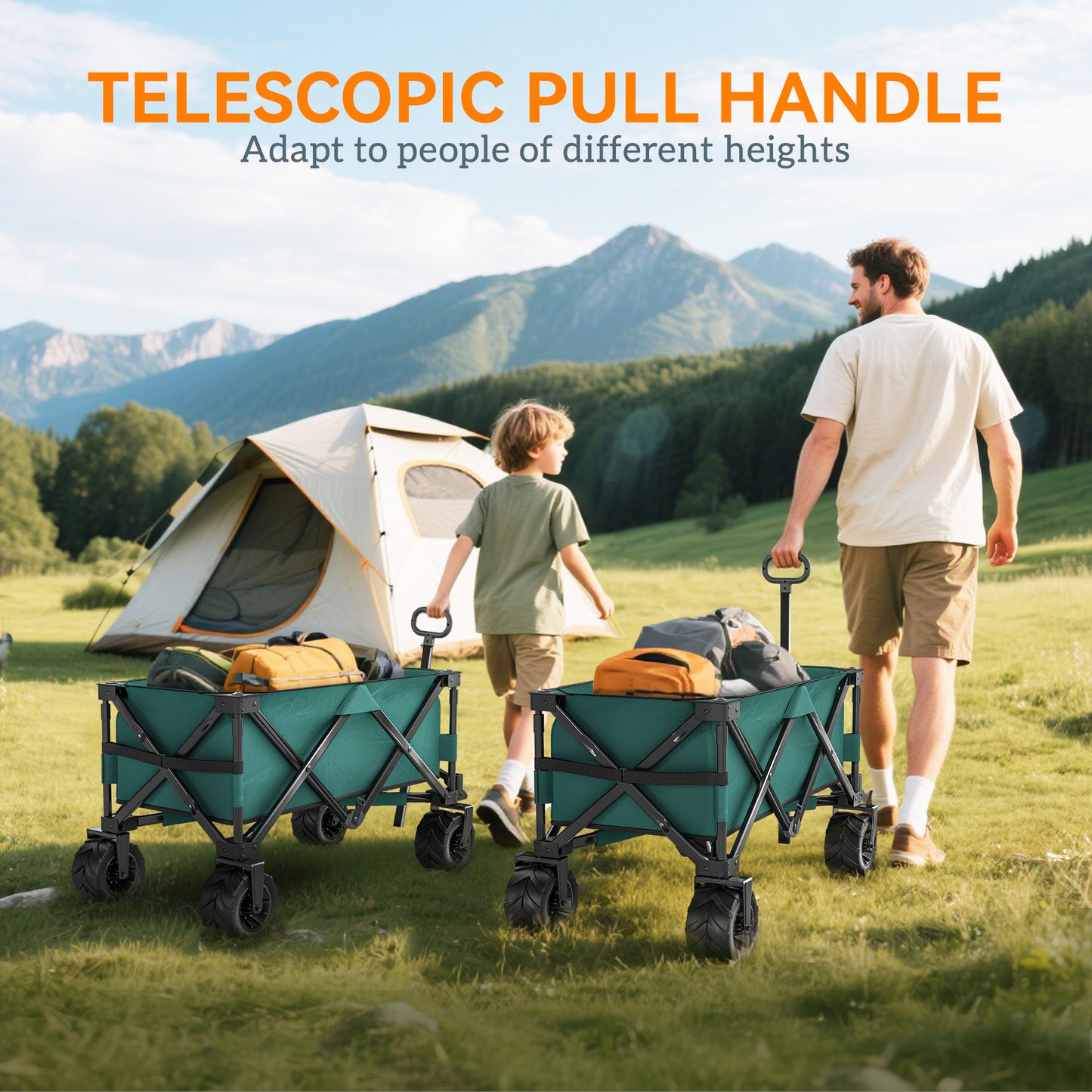 205L Festival Trolley on Wheels, Folding Camping Trolley Cart with Telescopic Handle, Beach Cart