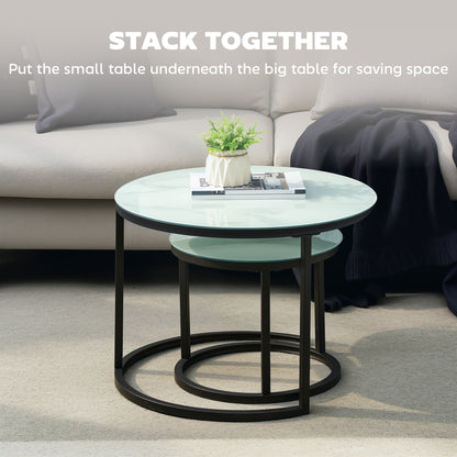 Glass Coffee Table Set of 2, Round Nest of Tables with Marble-Effect Tempered Glass Tabletop and Steel Frame