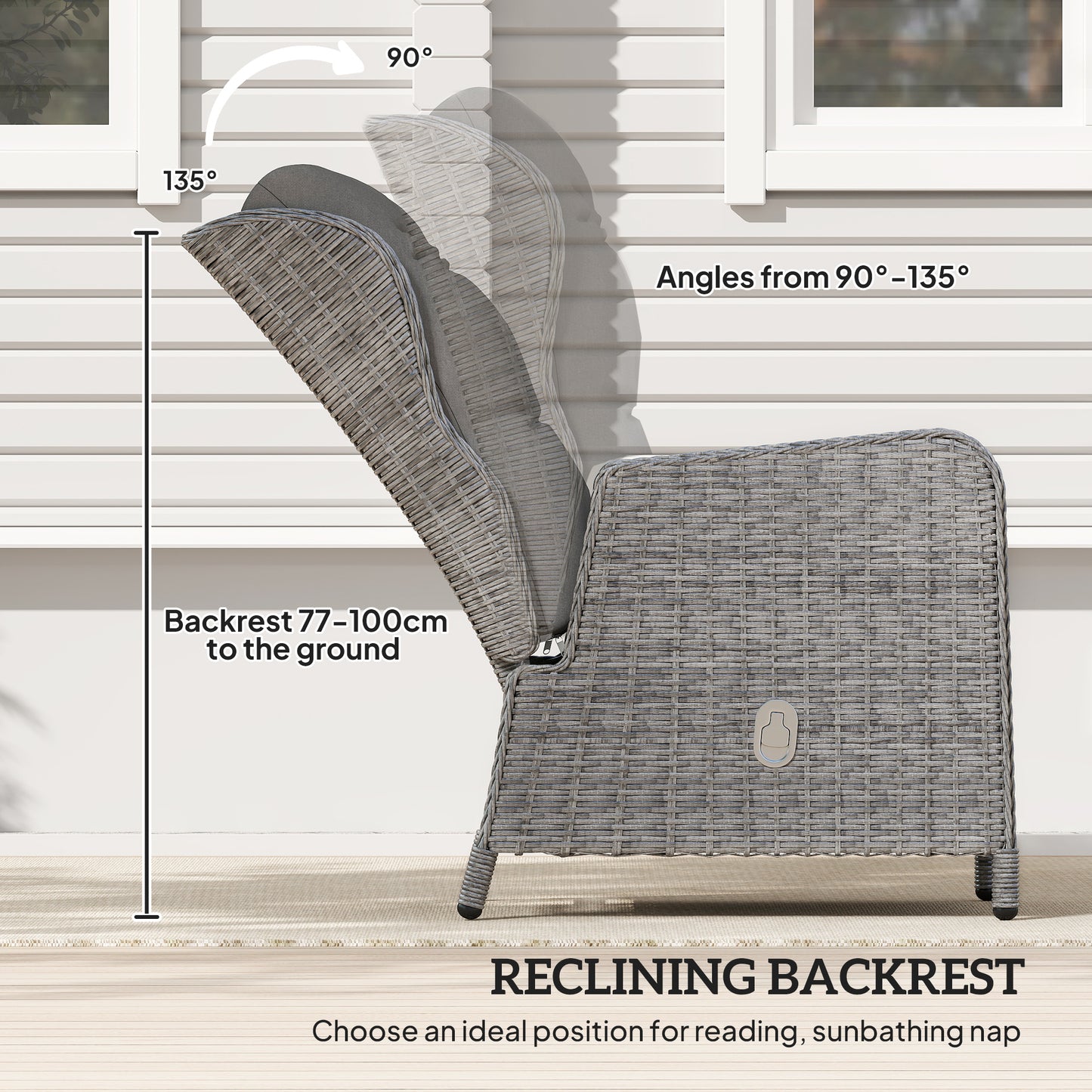 5 Pieces Rattan Bistro Set with Adjustable Back, Reclining Wicker Balcony Furniture with Cushions