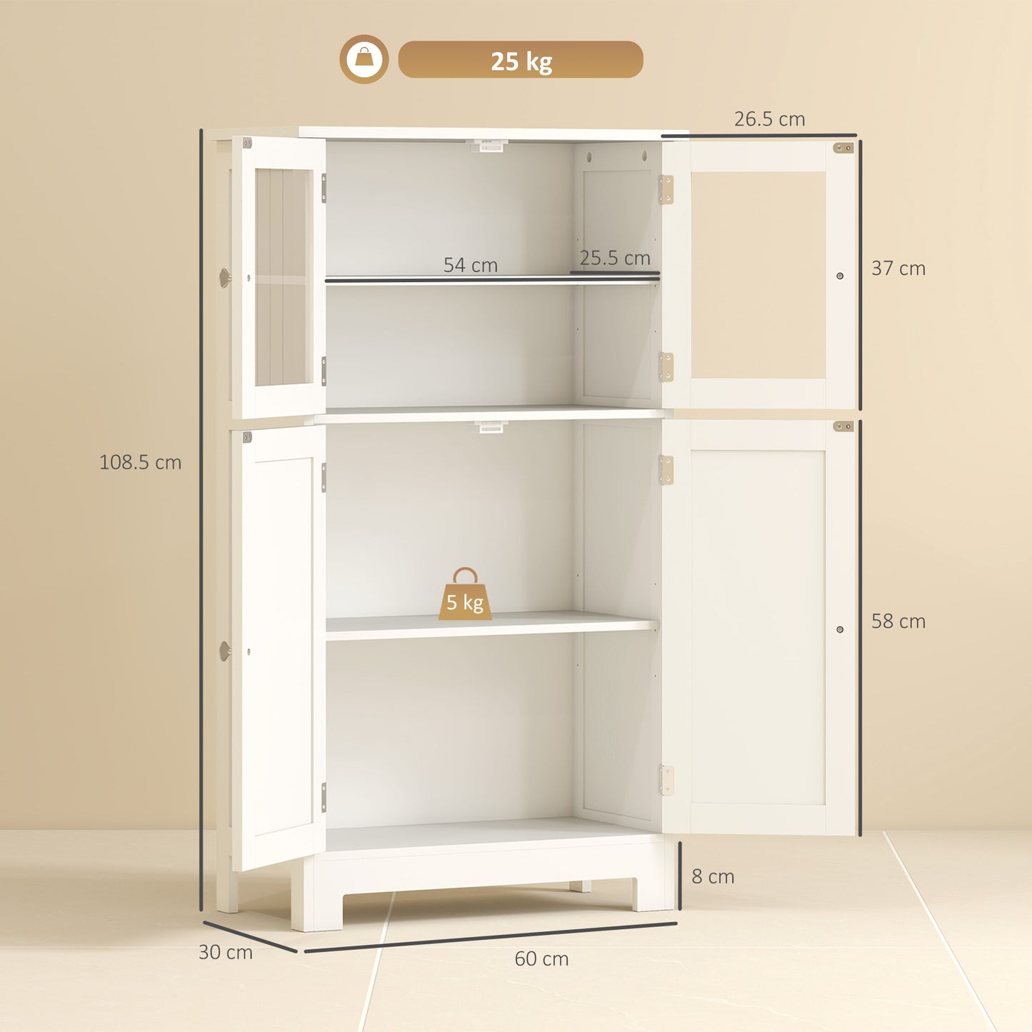 Bathroom Floor Cabinet, Freestanding Kitchen Cupboard with 2 Drawers, Adjustable Shelves and Tempered Glass Door