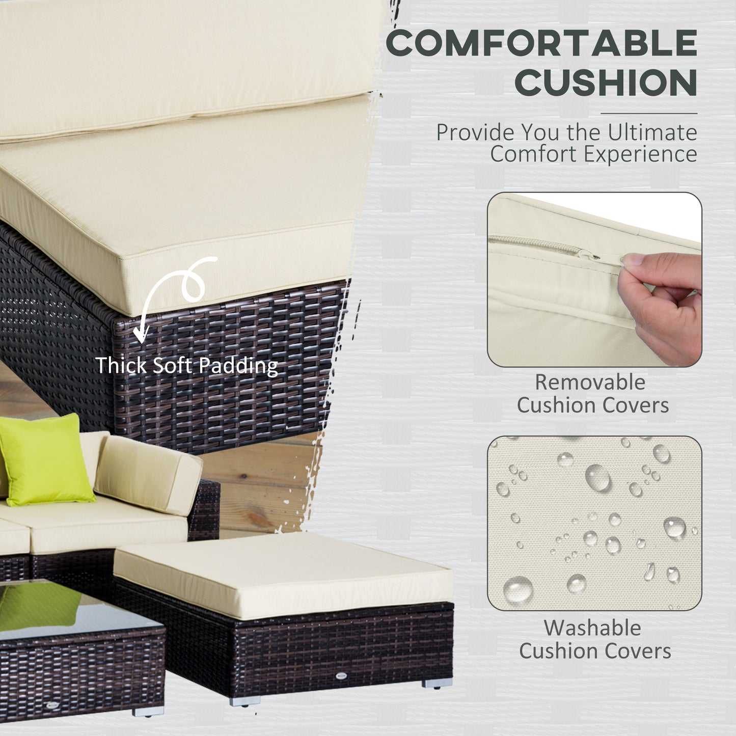 6 PC Rattan Sofa Coffee Table Set, Sectional Wicker Weave Furniture for Garden Outdoor Conservatory with Pillow Cushion
