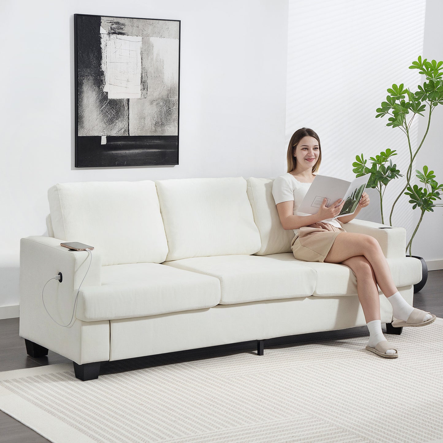 3 Seater Sofa with USB Ports & Cup Holders - Cream White