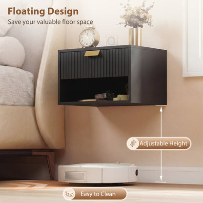Set of 2 Wall Mounted Nightstands, Floating Bedside Tables with Fluted Drawer and Open Shelf for Small Bedroom, Black
