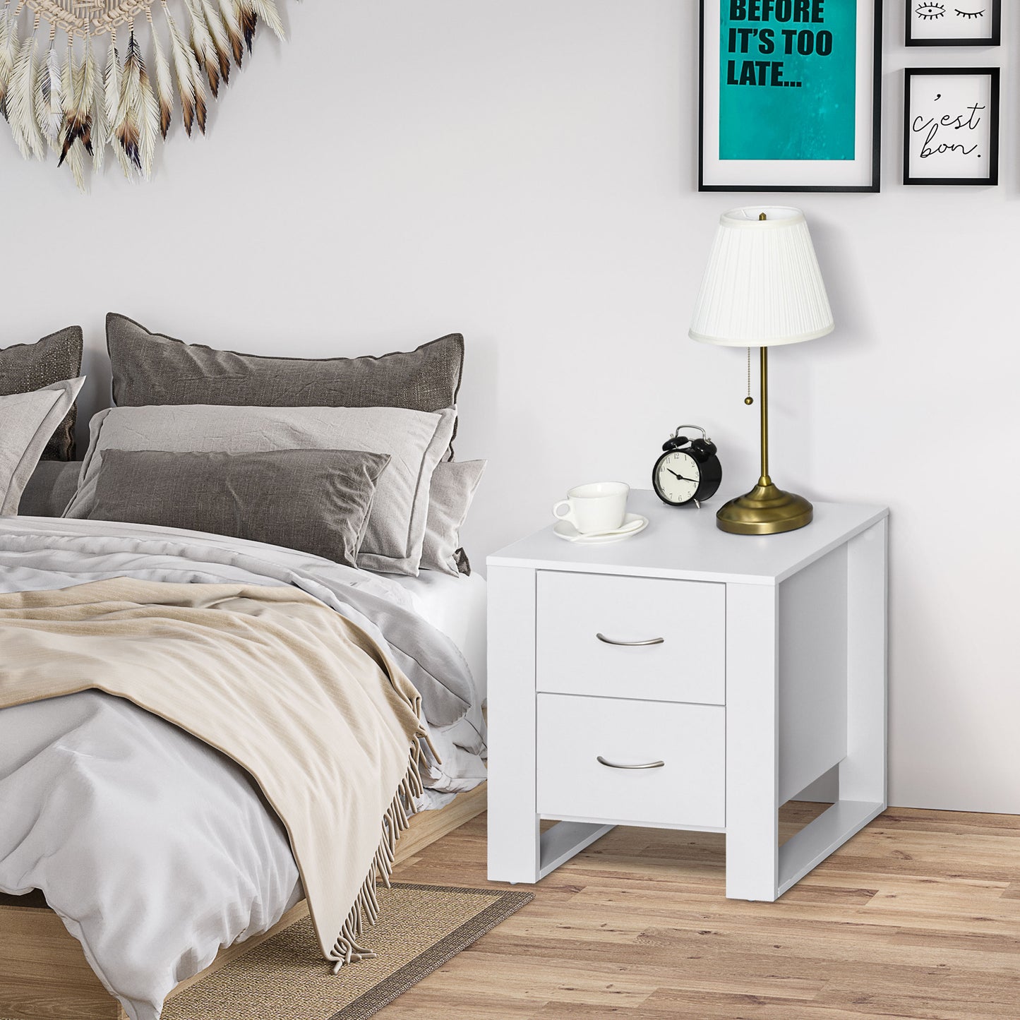 Bedside Table with 2 Drawers, Nightstand with Handles and Elevated Base, Side Table for Bedroom, Living Room, White