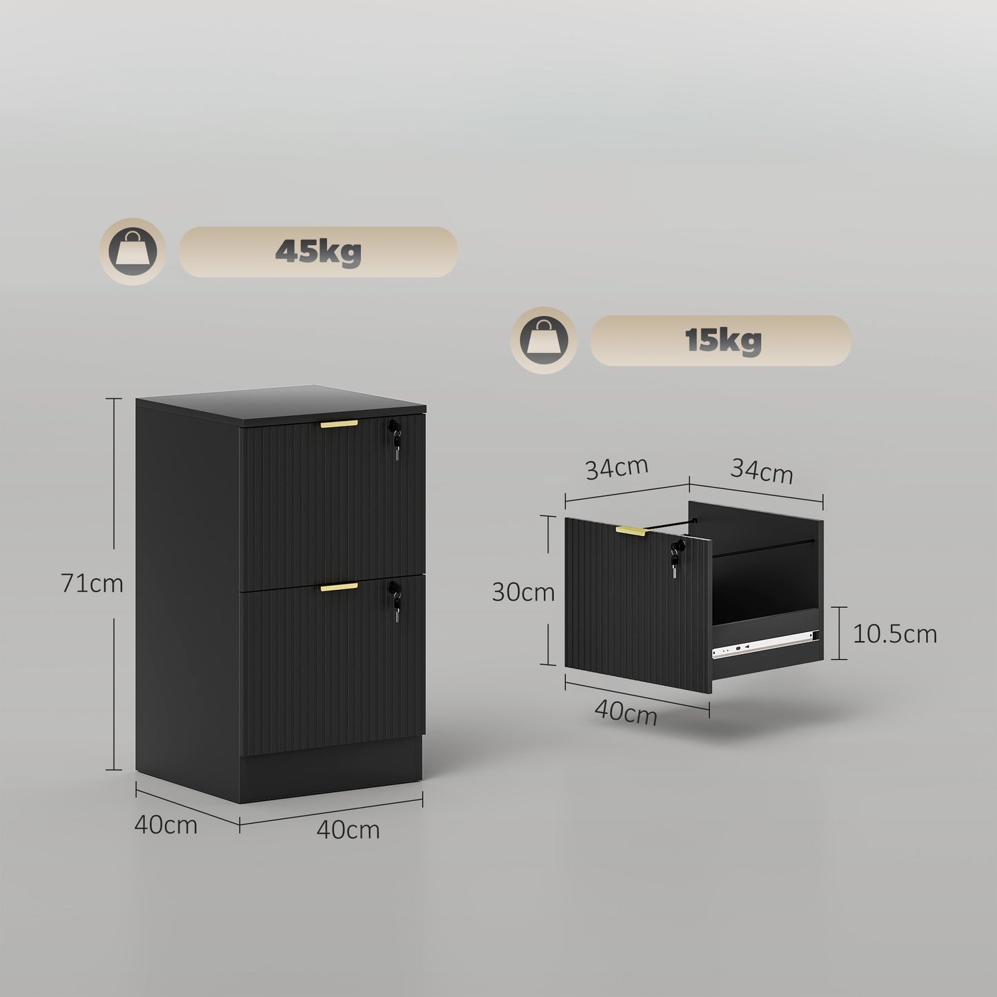 Filing Cabinet, Fluted Vertical File Cabinet with 2 Lockable Drawers and Hanging Rails, Black