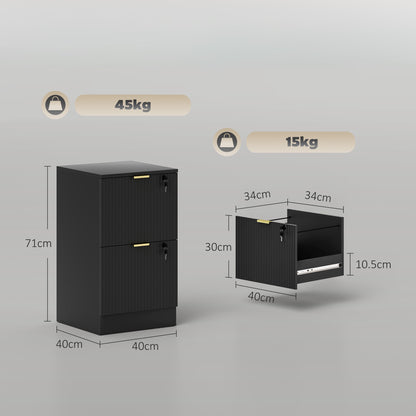 Filing Cabinet, Fluted Vertical File Cabinet with 2 Lockable Drawers and Hanging Rails, Black