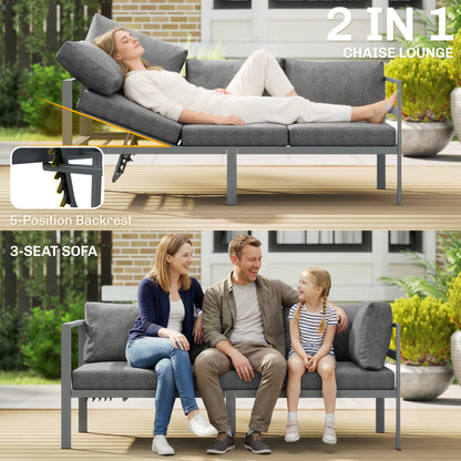 3 Pieces Garden Furniture Set, Aluminium Corner Lounge Set with Adjustable Backrest, Grey