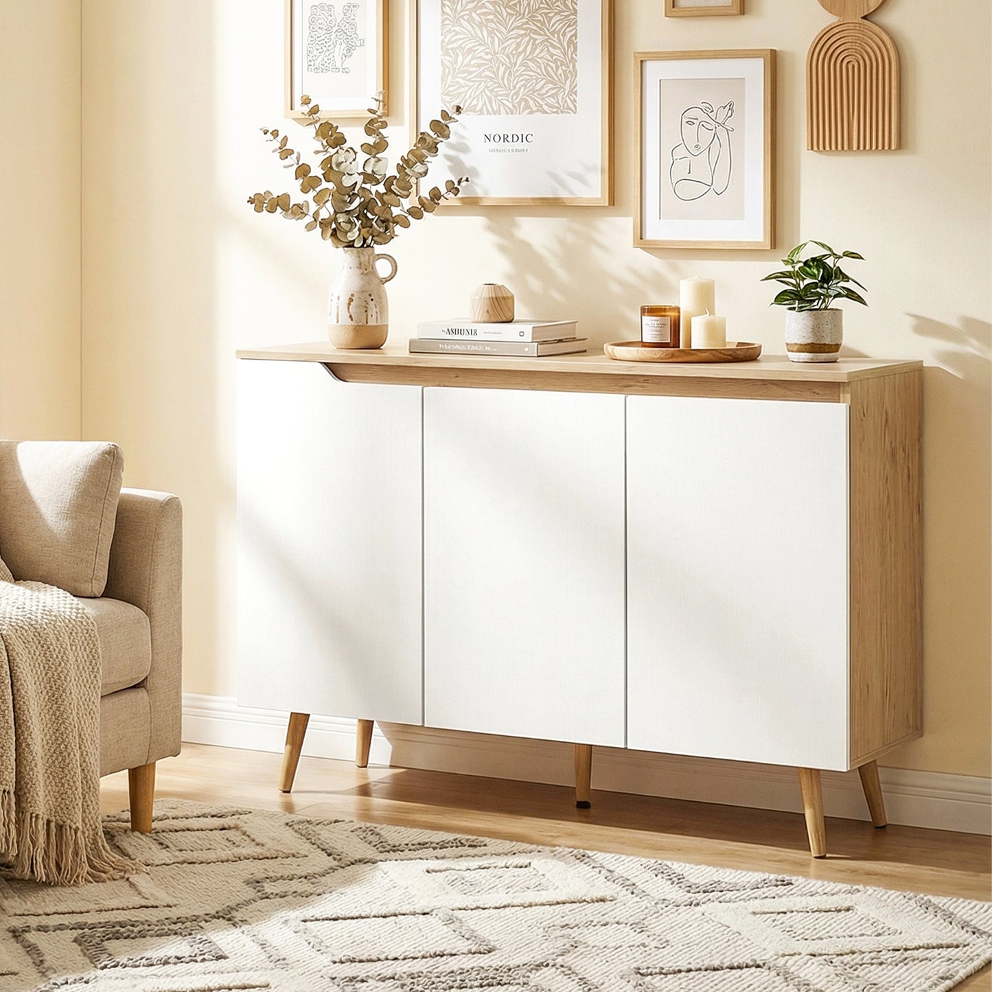 Sideboard Storage Cabinet, Kitchen Cupboard with 3 Doors, 2 Adjustable Shelves and 5 Rubberwood Legs, White and Oak
