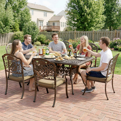 Garden Dining Set for 6, Cast Aluminium Outdoor Table and Chairs Set with Cushions, Parasol Hole for Patio, Bronze Tone