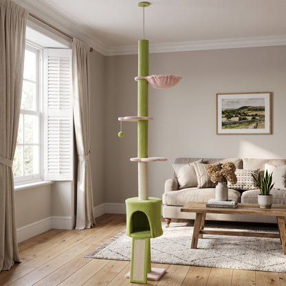 220-240 cm Floor to Ceiling Cat Tree Adjustable Height with Hammock, Condo, Scratching Posts, Green