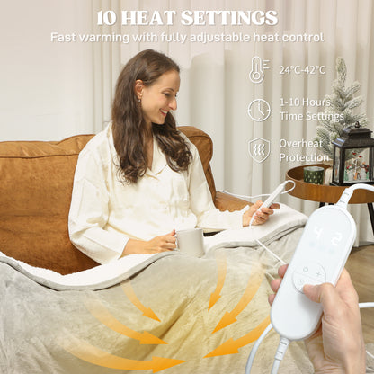 Heated Blanket 180 x 130cm, Electric Throw Blanket with 10 Heat Levels and 10H Timer