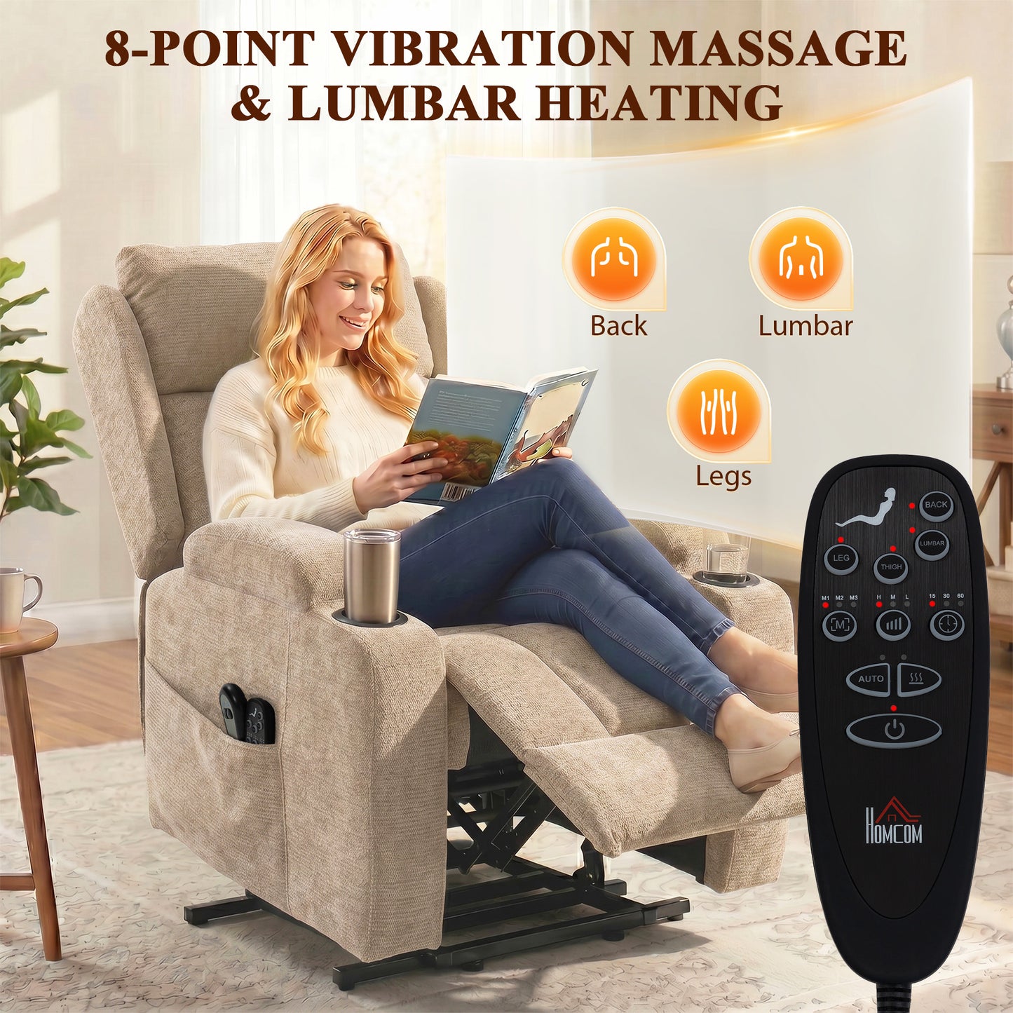 Power Lift Recliner Chair with Vibration Massage and Heat, Chenille Riser and Recliner Armchair for Elderly, Brown