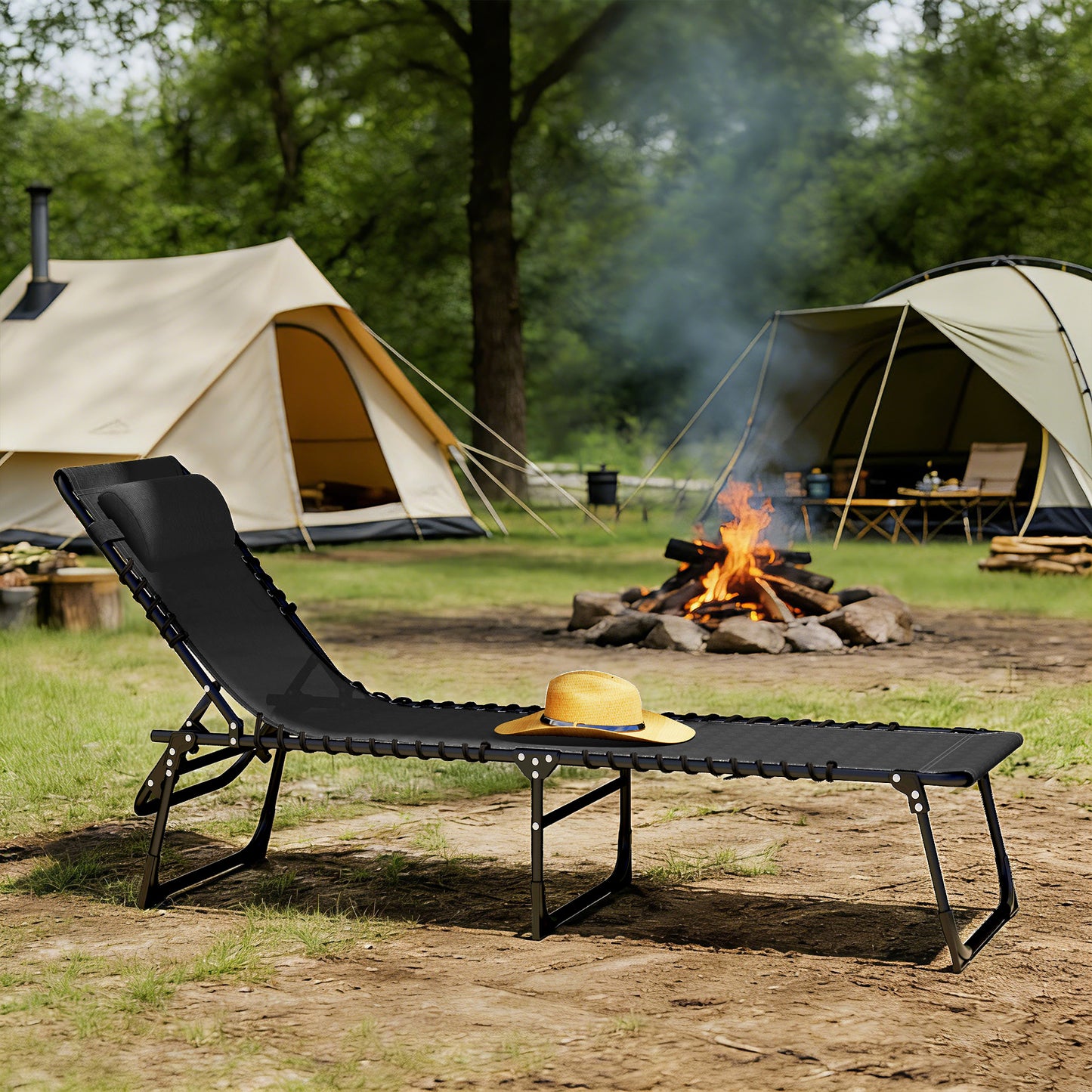 Foldable Sun Lounger, Outdoor 4 Level Adjustable Backrest Reclining Chaise Chair, Steel Frame Recliner Chair for Camping