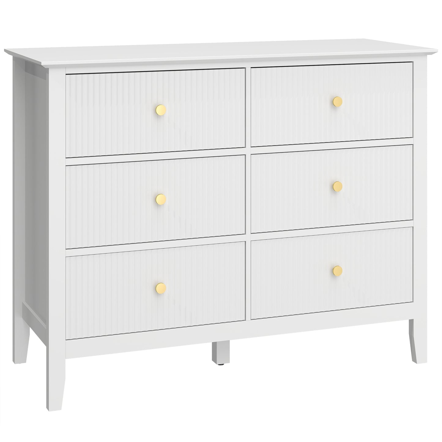 Fluted Dresser, 6 Drawer Chest of Drawers for Bedroom, Living Room, Hallway, Closet, White