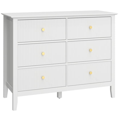 Fluted Dresser, 6 Drawer Chest of Drawers for Bedroom, Living Room, Hallway, Closet, White