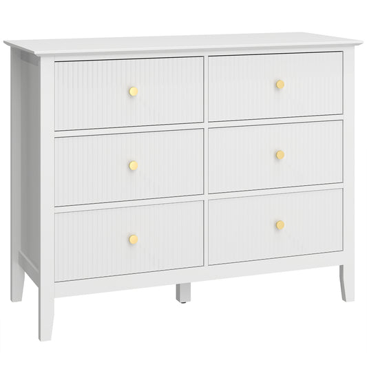 Fluted Dresser, 6 Drawer Chest of Drawers for Bedroom, Living Room, Hallway, Closet, White