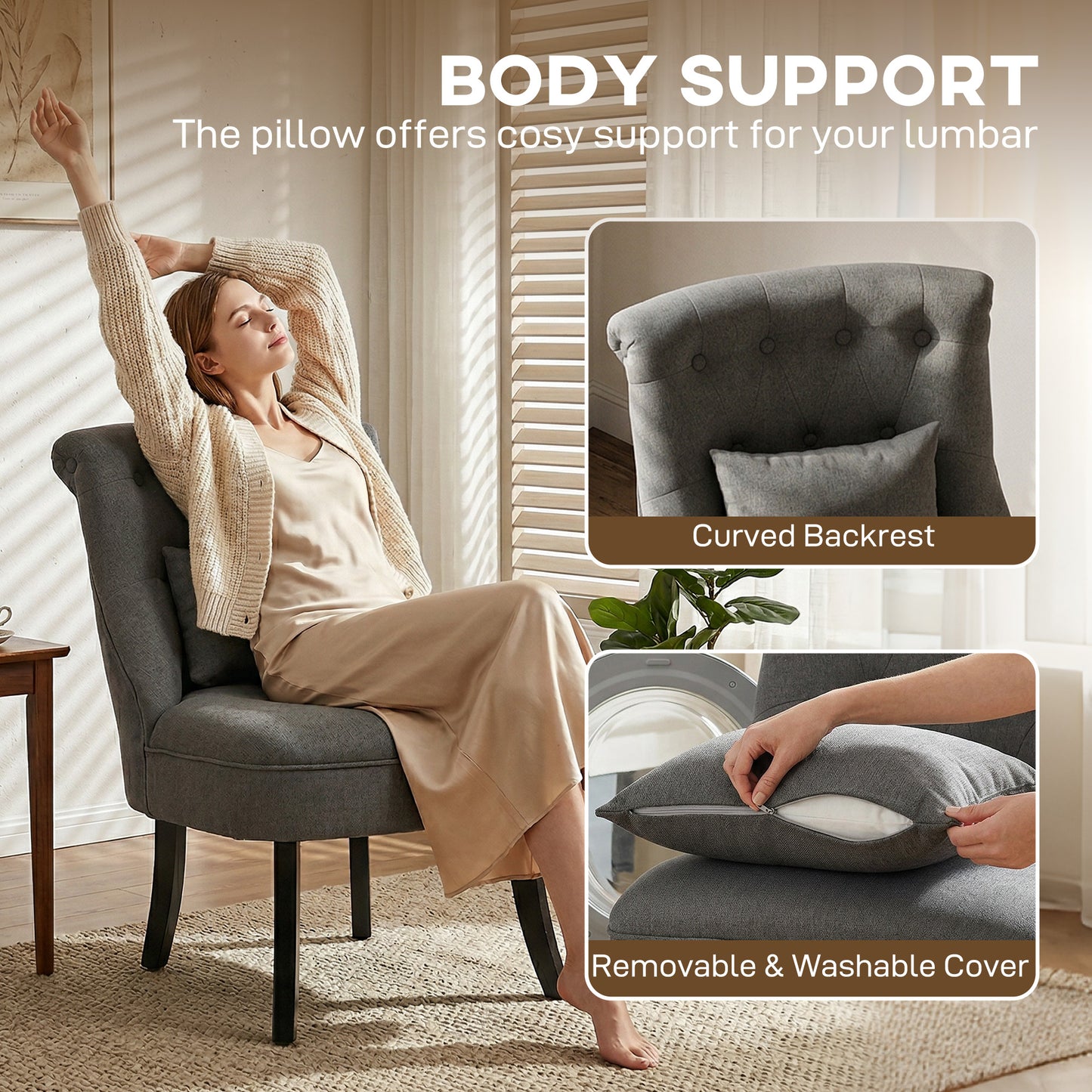 Fabric Single Sofa Dining Chair Tub Chair Upholstered W/ Pillow Solid Wood Leg Home Living Room Furniture Charcoal Grey