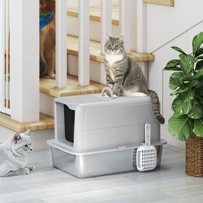 Stainless Steel Cat Litter Box with Removable Lid, Scoop, Filter Bags, for Larger Cats, Grey