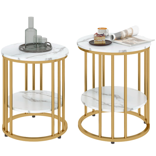 Set of Two Marble-Effect Coffee Tables - White/Gold-Tone
