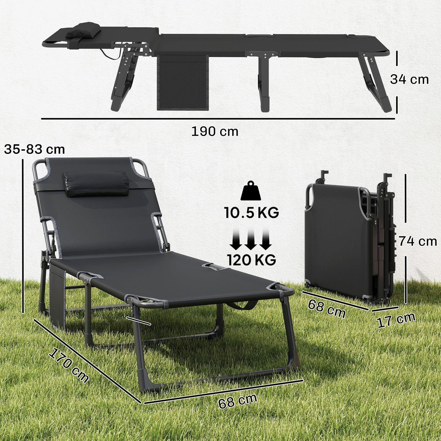 Folding Sun Lounger for Garden, 5-Position Oversized Camping Bed Recliner with Cushions, Blue