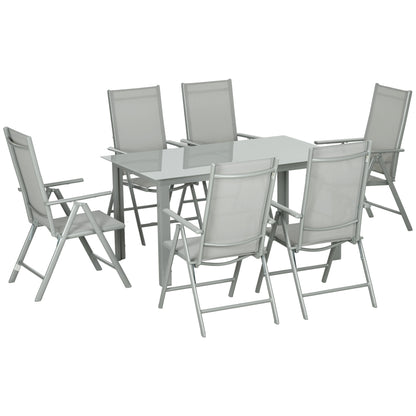 7 Piece Garden Dining Set, Outdoor Table and 6 Folding and Reclining Chairs, Aluminium Frame, Tempered Glass Top Table