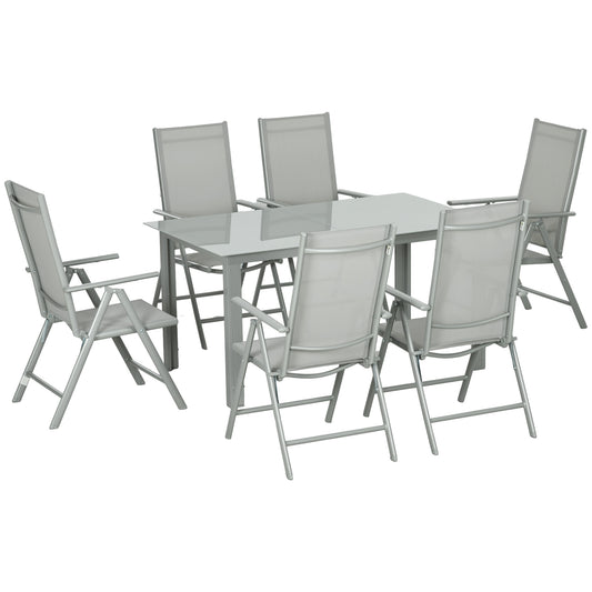 7 Piece Garden Dining Set, Outdoor Table and 6 Folding and Reclining Chairs, Aluminium Frame, Tempered Glass Top Table