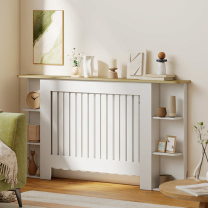 Radiator Cover with Open Storage Shelves, Vertical Slatted Cabinet Shelf Heater Cover for Living Room, Hallway, Large, White