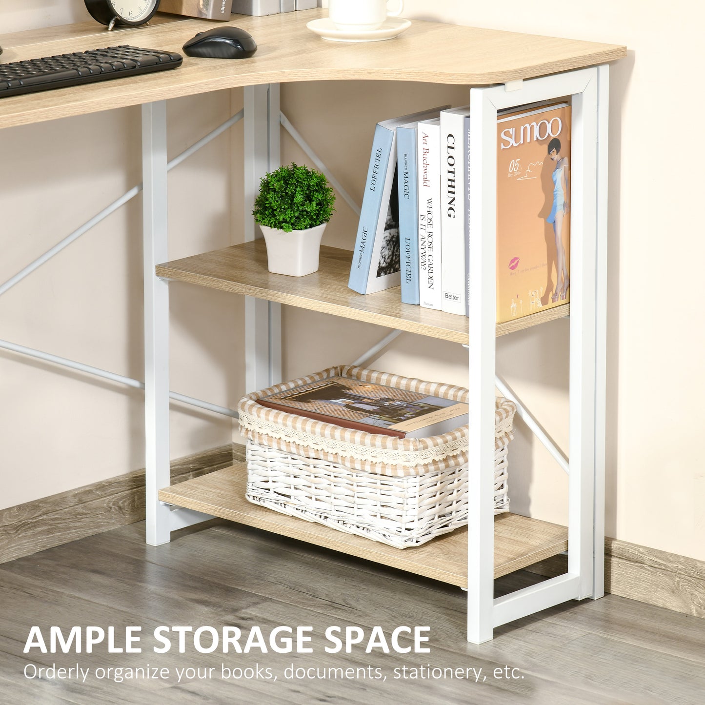 Folding Desk, L Shaped Desk, Corner Computer Desk with 2-Tier Storage Shelf for Home Office, Study Room, Workstation