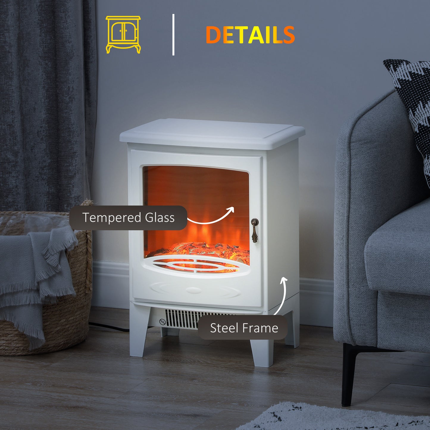 Tempered Glass Casing Electric Fireplace, Freestanding Electric Fire with Realistic Flame Effect, Log Burner