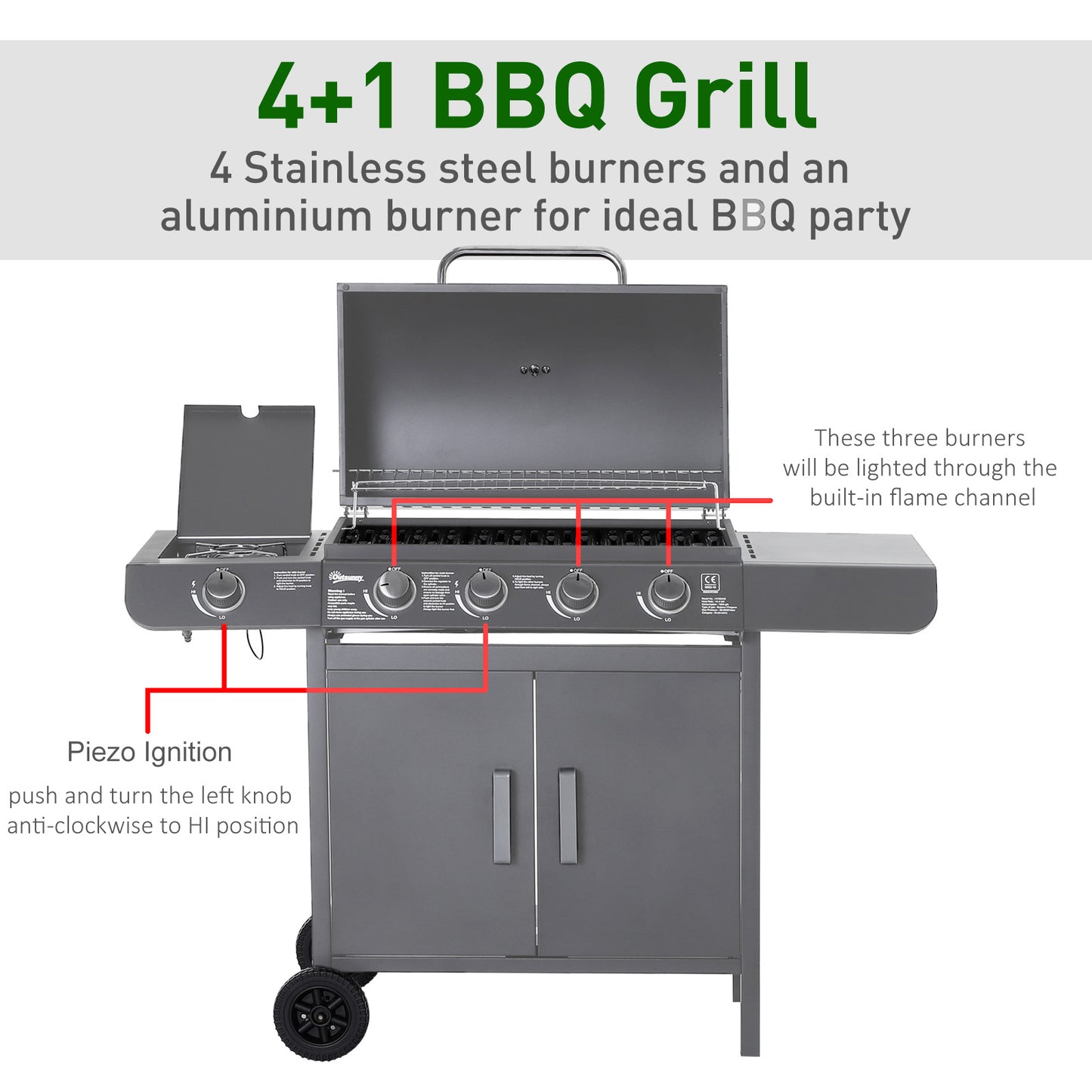 4+1 Burner Gas BBQ Grill, Outdoor Barbecue Trolley with Wheels, Warming Rack, Side Shelves, Cabinet, Thermometer for Garden