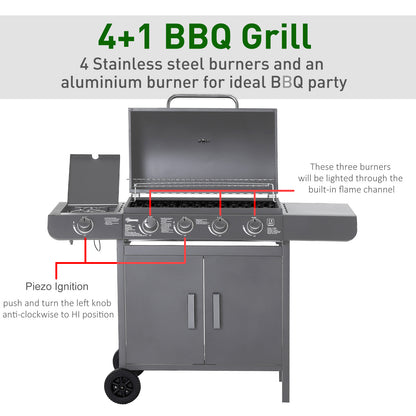 4+1 Burner Gas BBQ Grill, Outdoor Barbecue Trolley with Wheels, Warming Rack, Side Shelves, Cabinet, Thermometer for Garden