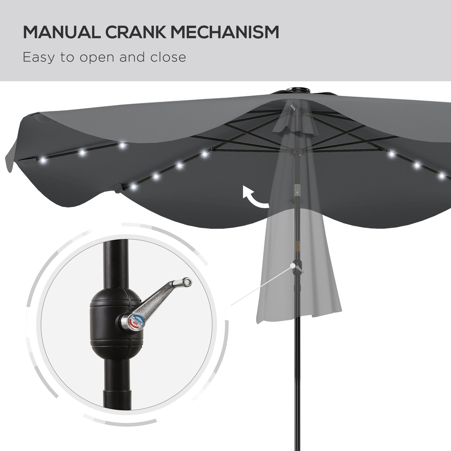 Solar Patio Umbrella with LED and Tilt, Outdoor Market Table Umbrella Parasol with Crank, 3 x 3 (m), Dark Grey