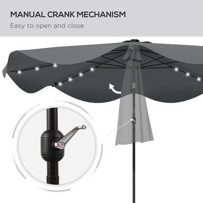 Solar Patio Umbrella with LED and Tilt, Outdoor Market Table Umbrella Parasol with Crank, 3 x 3 (m), Dark Grey