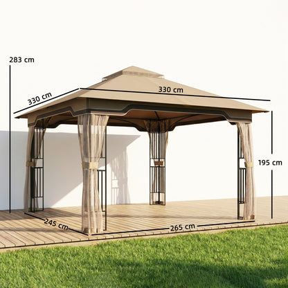 3.3 x 3.3 m Outdoor Garden Gazebo with Post Shelves, UPF50+ Patio Permanent Pavilion with Hook, Khaki