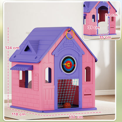5-in-1 Playhouse for Kids Outdoor Indoor with Basketball Hoop, Football Goal, Dartboard, Ring Toss for 2-5 Years, Pink