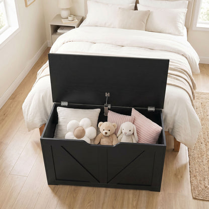 100L Home Storage Box, with Safety Hinge - Black Wood-Effect