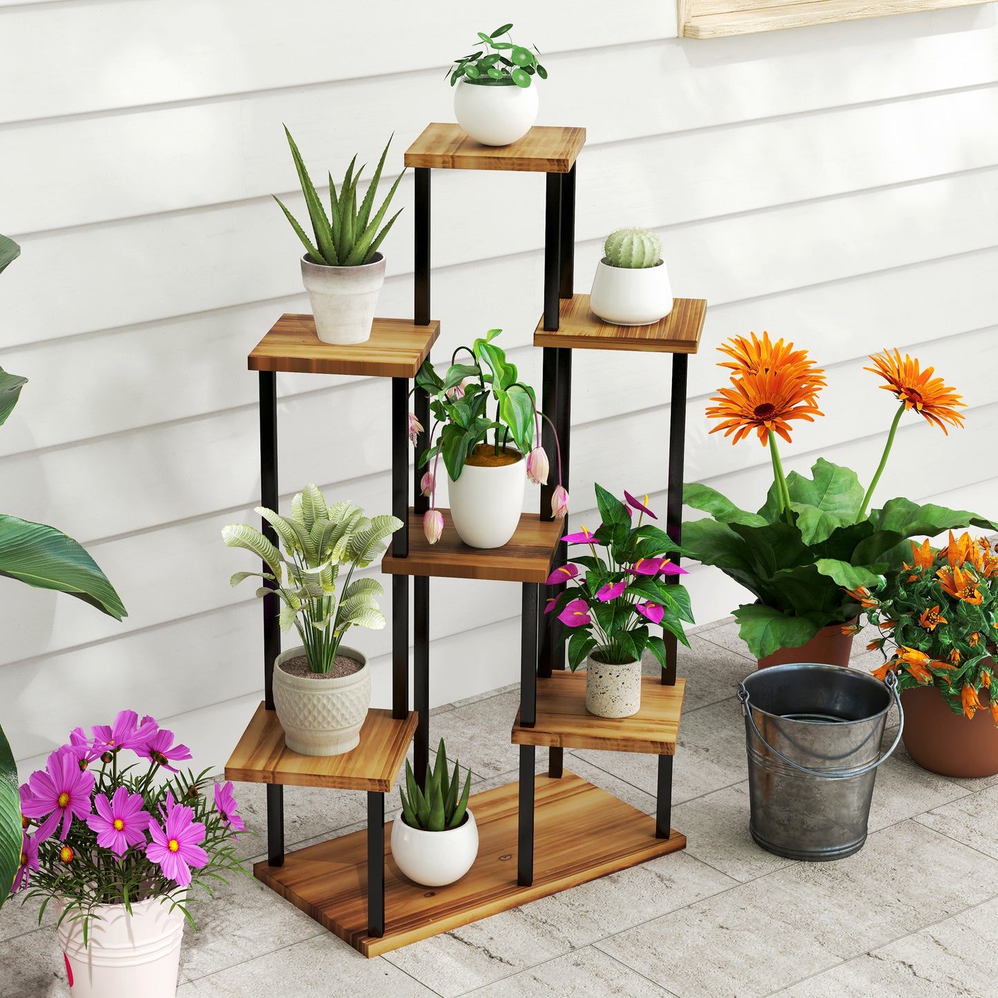 Seven Wooden Shelf Plant Stand