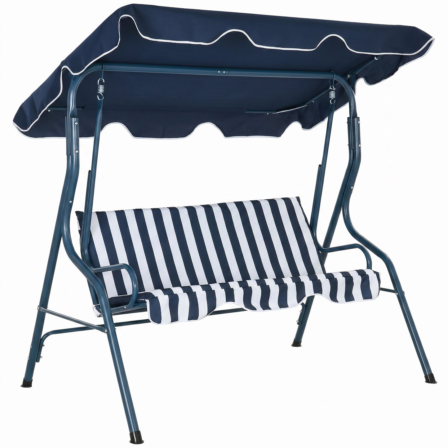 3 Seater Garden Swing Seat Chair Outdoor Bench with Adjustable Canopy and Metal Frame, Blue Stripes