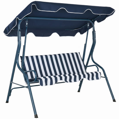 3 Seater Garden Swing Seat Chair Outdoor Bench with Adjustable Canopy and Metal Frame, Blue Stripes