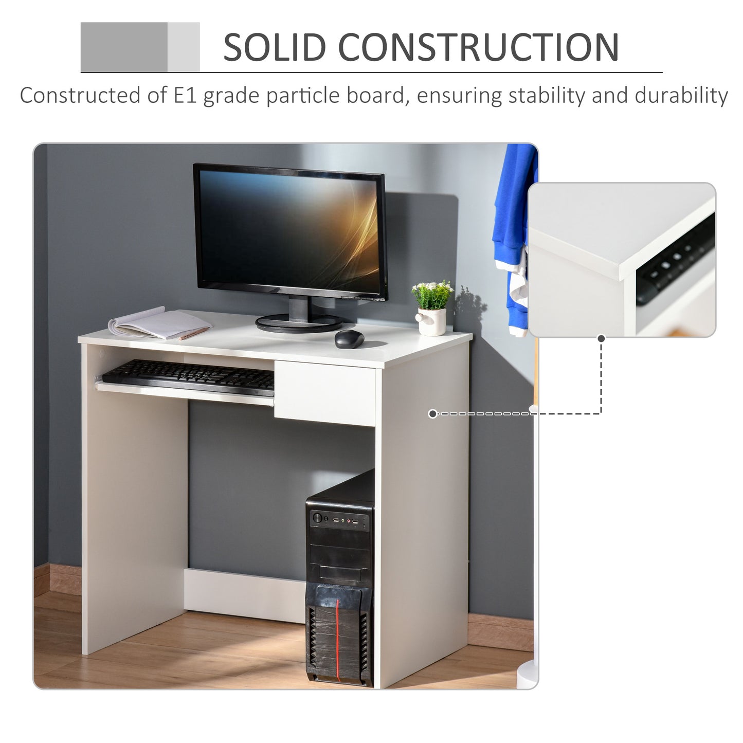 80cm Compact Computer Desk with Keyboard Tray, Home Office Desk with Drawer for Bedroom Study, White